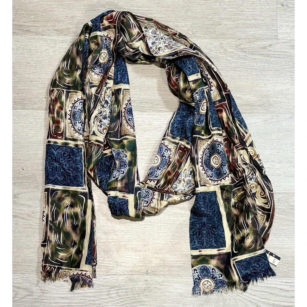 Vintage New York Studio 100% Silk Scarf Women's Multicolor Medallion Print Long